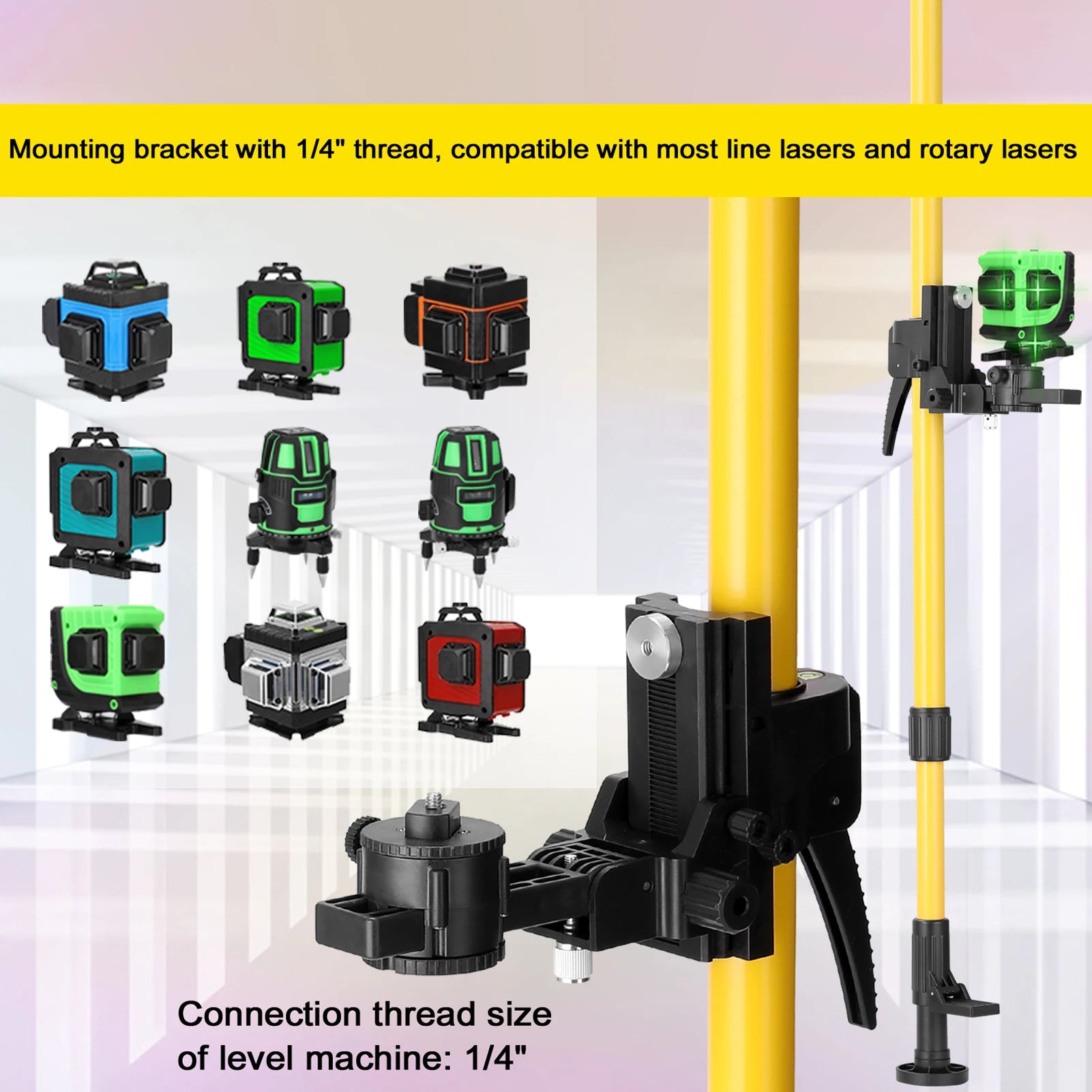 Adjustable Max4.2M Telescopic Aluminum Alloy Pole for Laser Level - Perfect for 1/4'' & 5/8'' Bracket Holder Stand