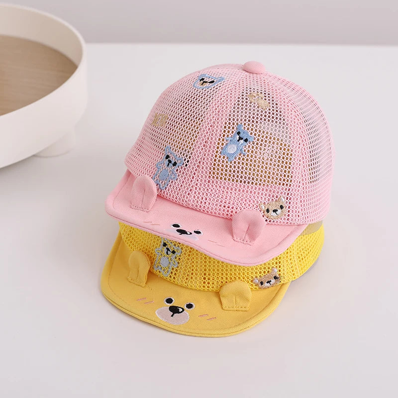 Adorable Cartoon Bear Baby Sunshade Hat - Breathable Mesh Toddler Baseball Cap with Soft Edges and Duck Tongue Visor