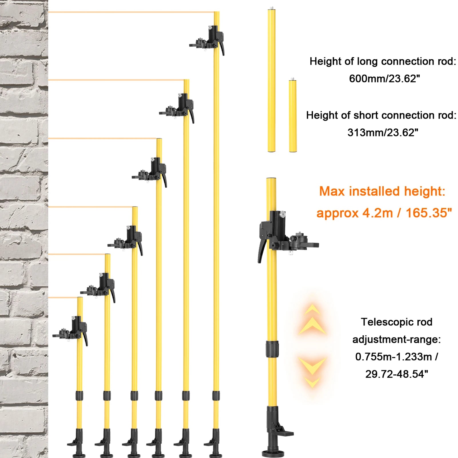 Adjustable Max4.2M Telescopic Aluminum Alloy Pole for Laser Level - Perfect for 1/4'' & 5/8'' Bracket Holder Stand