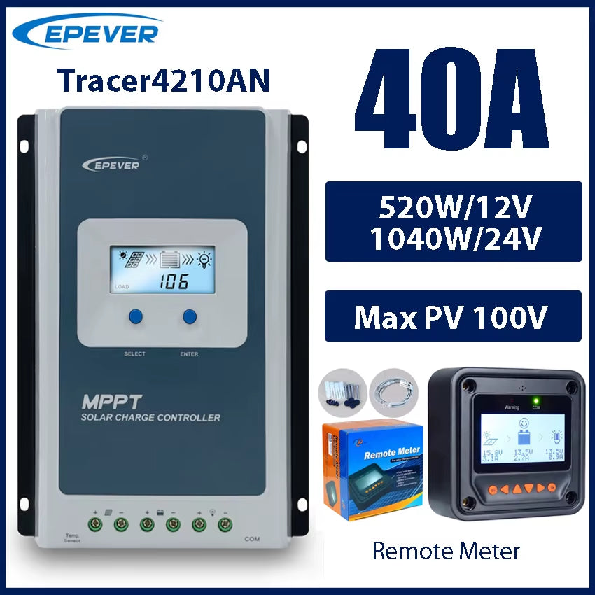 40A MPPT Solar Charge Controller 12V/24V Battery Voltage Max Solar Panel 100V  Regulator with LCD Data Remote Monitor