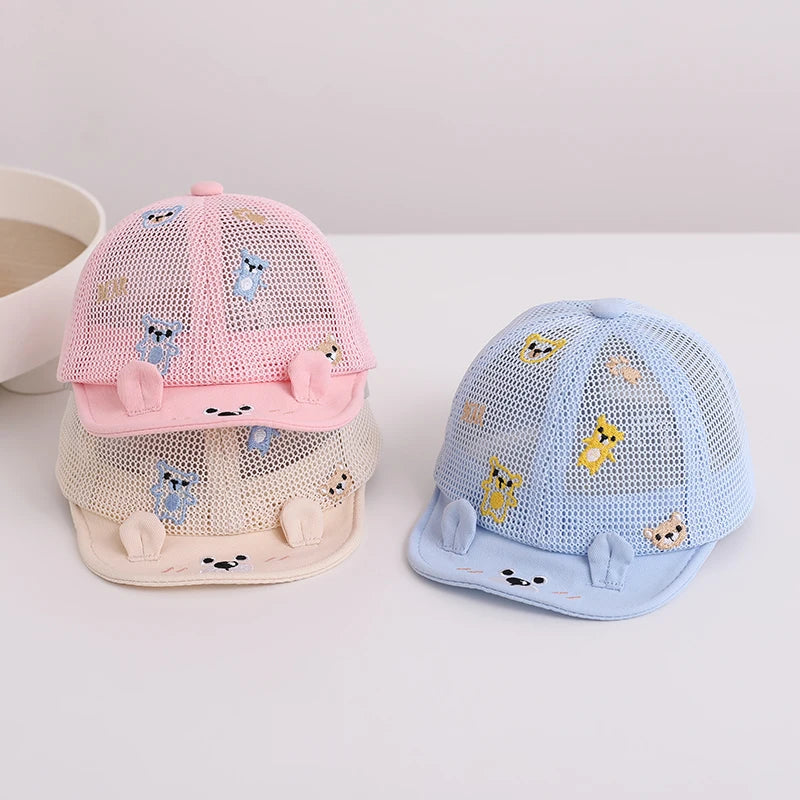 Adorable Cartoon Bear Baby Sunshade Hat - Breathable Mesh Toddler Baseball Cap with Soft Edges and Duck Tongue Visor