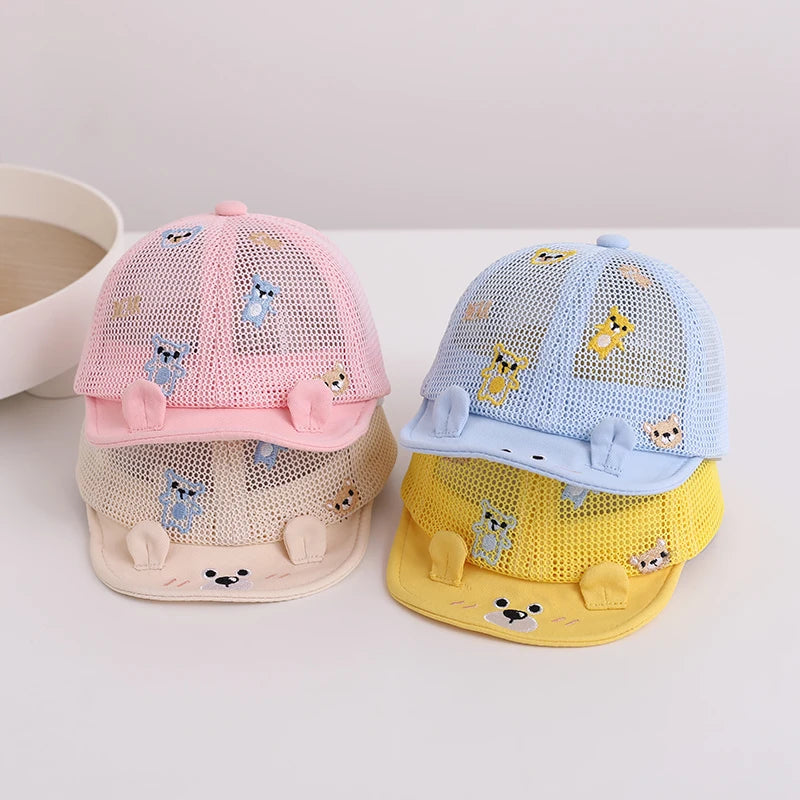 Adorable Cartoon Bear Baby Sunshade Hat - Breathable Mesh Toddler Baseball Cap with Soft Edges and Duck Tongue Visor